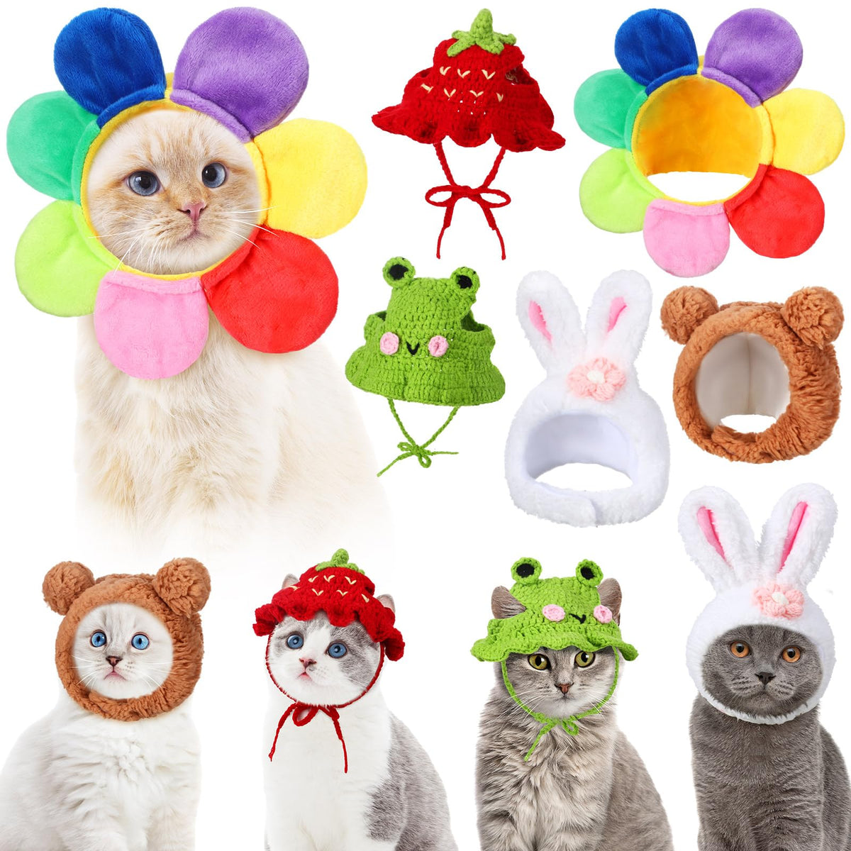 Weewooday 5 Pieces Cat Hats Costume Bunny Hat Outfit with Ears Small Dogs Kitten Puppy Party Costume Accessory Headwear(Kawaii Style)