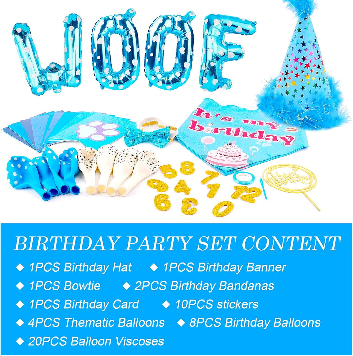 AROIC Dog Birthday Party Supplies, Adjustable Blue Dog Bandana Set
