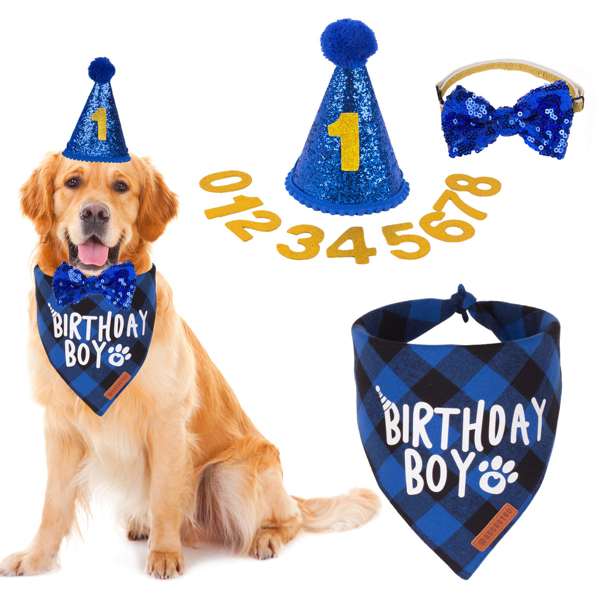 ADOGGYGO Dog Birthday Hat Bandana Set, Blue Plaid Boy Dog Bandana, X-Large
