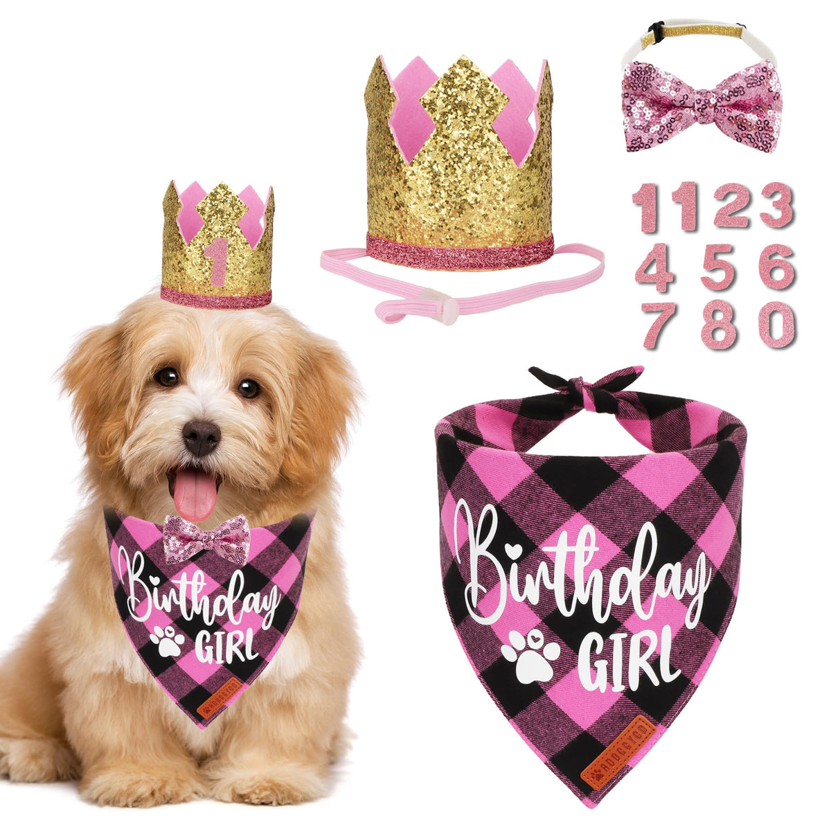 ADOGGYGO Dog Birthday Hat, Pink Birthday Girl Bandana Set, Small