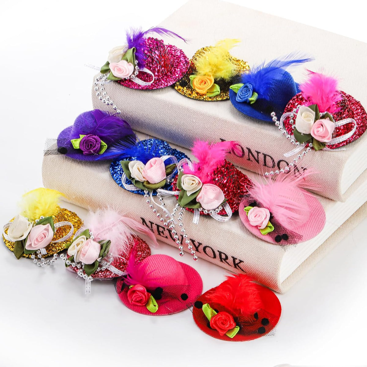 Eorbow 12 Pcs Chicken Hats for Hens, Mini Feather Top Chicken Helmet Halloween Accessories, Funny Small Hat Tiny Pet Hat, Chicken Show Costume for Rooster Duck Hamster Parrot Bird Poultry Snake