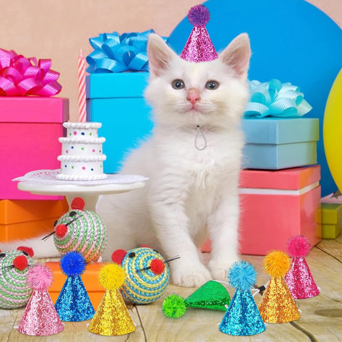 Hooqict 10 PCS Mini Small Party Hats for Stuffed Animals Birthday Party Cone Hats with Pom Poms for Baby Small Dogs Cats Party Animals Toy Figures, Assorted