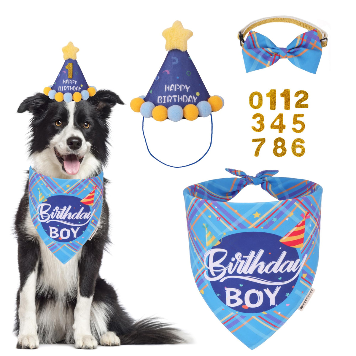 ADOGGYGO Dog Birthday Hat Bandana Set, Blue Plaid Boy Dog Bandana, X-Large