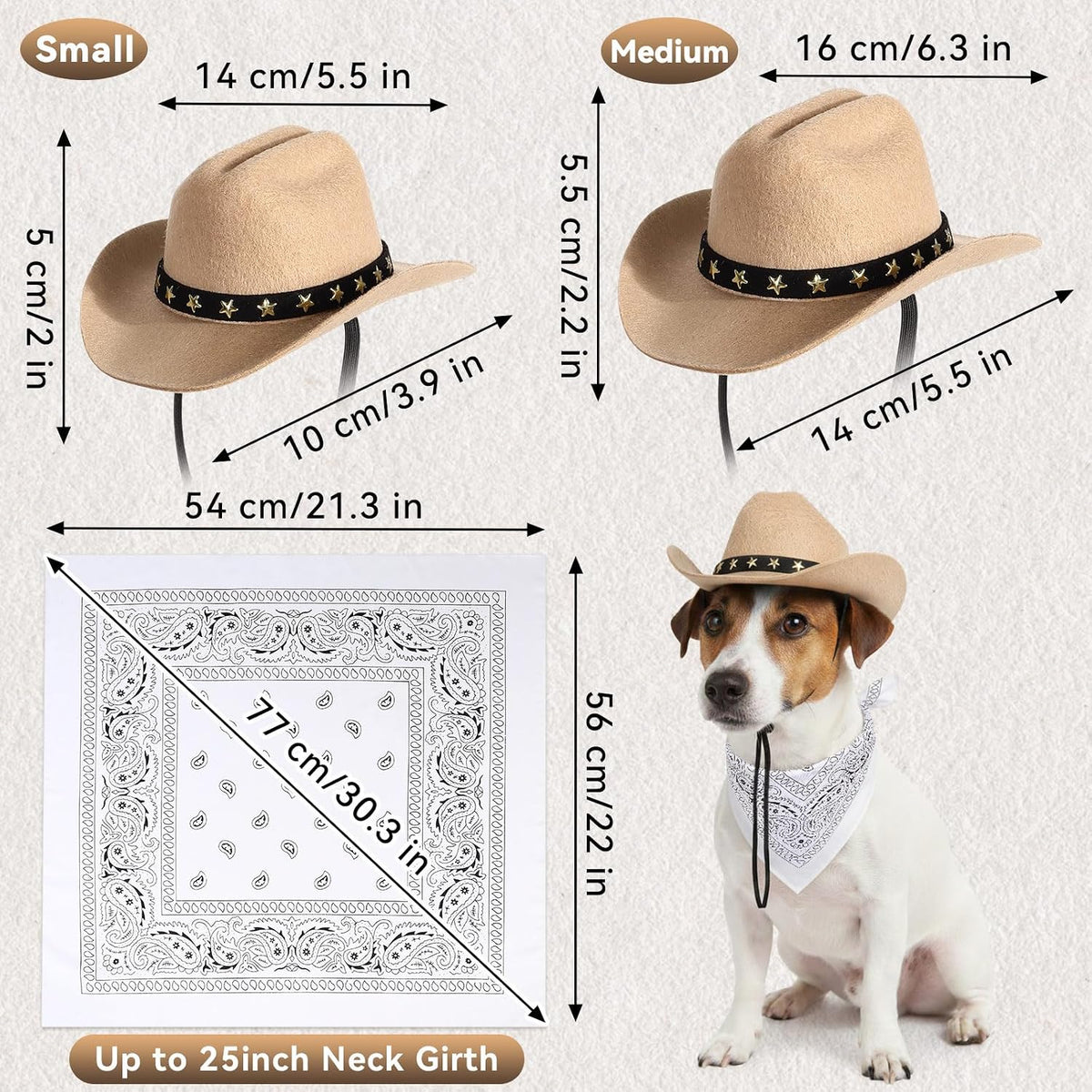Pet Cowboy Costume, Dog Cowboy Hat with Bandana Scarf, Adjustable Cat Cowboy Hat for Party Cosplay Christmas, Halloween Cowboy Costumes for Small Pet Dogs Cats (Khaki, Small)