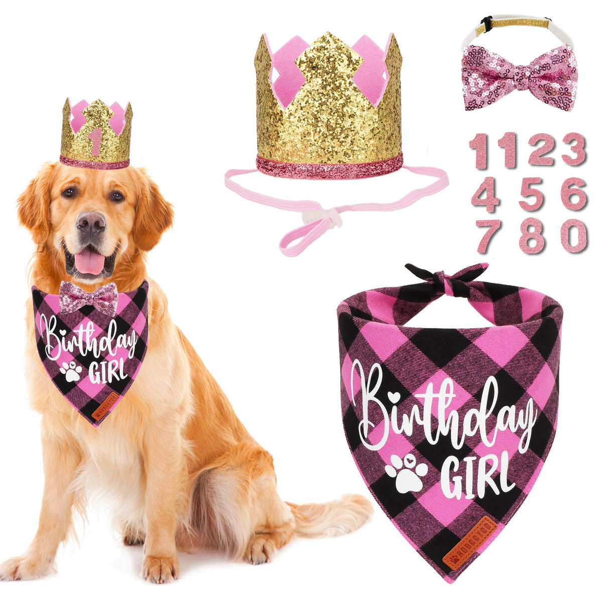 ADOGGYGO Dog Birthday Hat, Pink Birthday Girl Bandana Set, Small