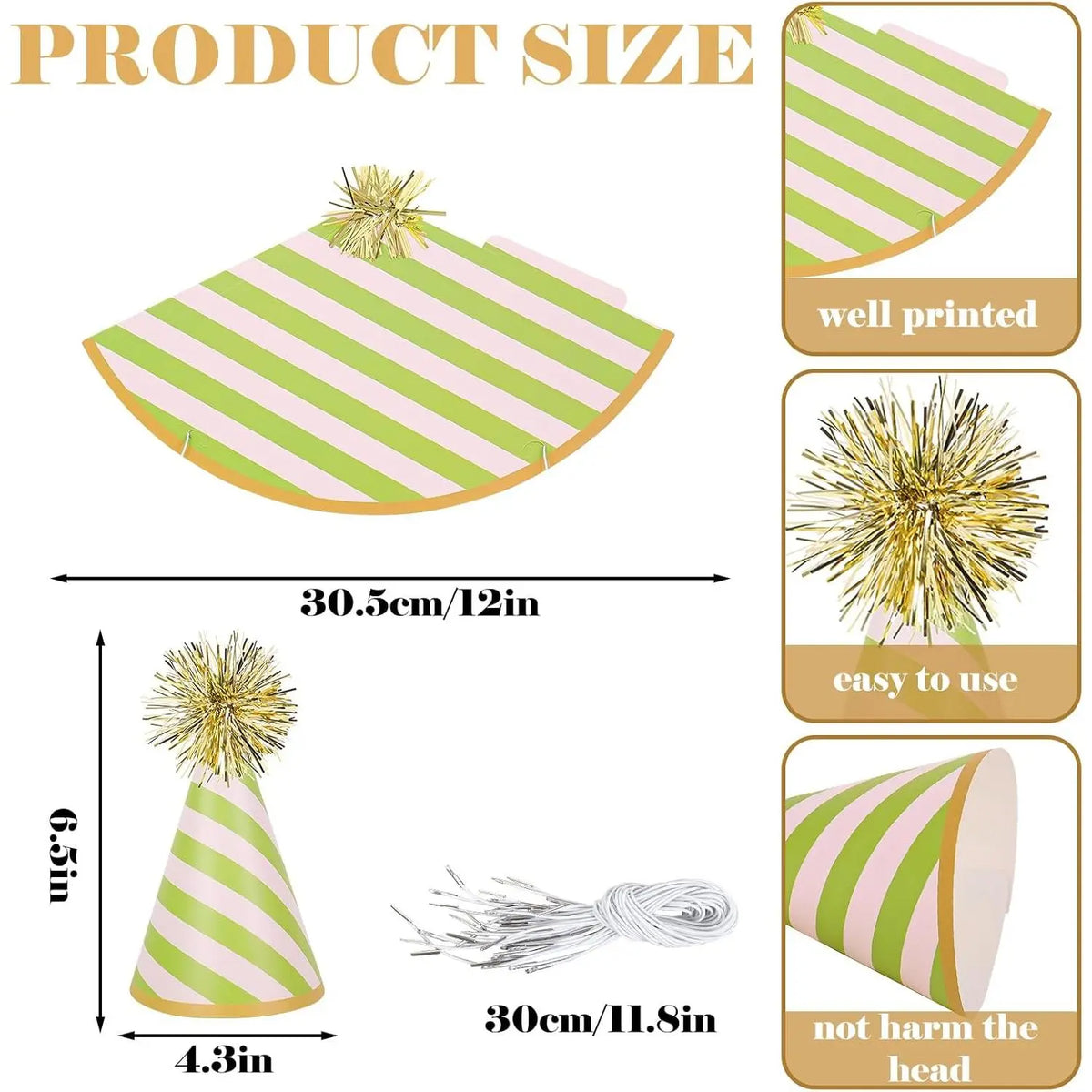 Whaline 24-Pcs Striped Paper Cone Party Hats Set, 4.3x7.5in with Gold Pom-Poms, Fun Decoration & Photo Prop for Kids/Adults, Birthday Festive Supplies
