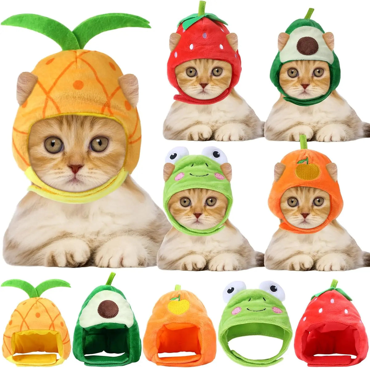 5 Pcs Cat Adorable Costume Bunny Hat with Ears Funny Mane Cat Hat for Pets and Small Dogs Kitten Puppy Party Costume Accessory Headwear(Avocado, Orange, Strawberry, Pineapple, Frog)