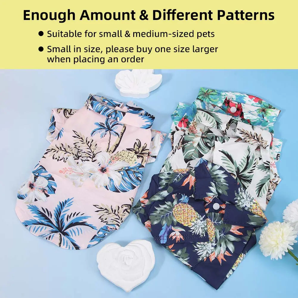 Puppy Size 4-Piece Lapel Button-Up Shirts, Hawaiian Beach Tropical Floral Print Chiffon Fabric Lightweight Fit Summer Tops, Sohochic
