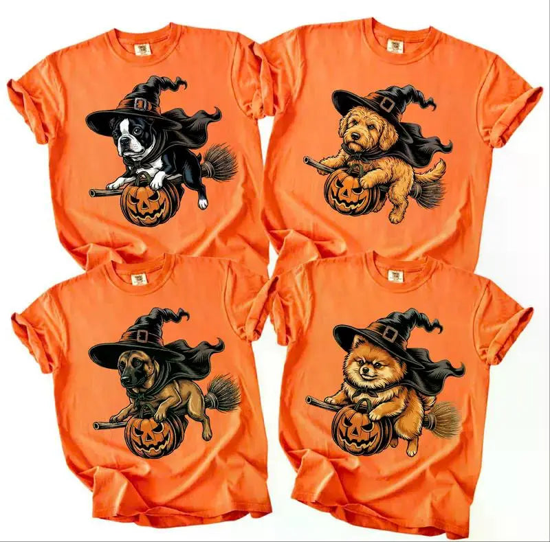 Comfort Colors Burnt Orange Custom Witch Costume Dog Halloween T-Shirt, 50+ Dog Breeds Available, Funny Spooky Pet Lover Tee