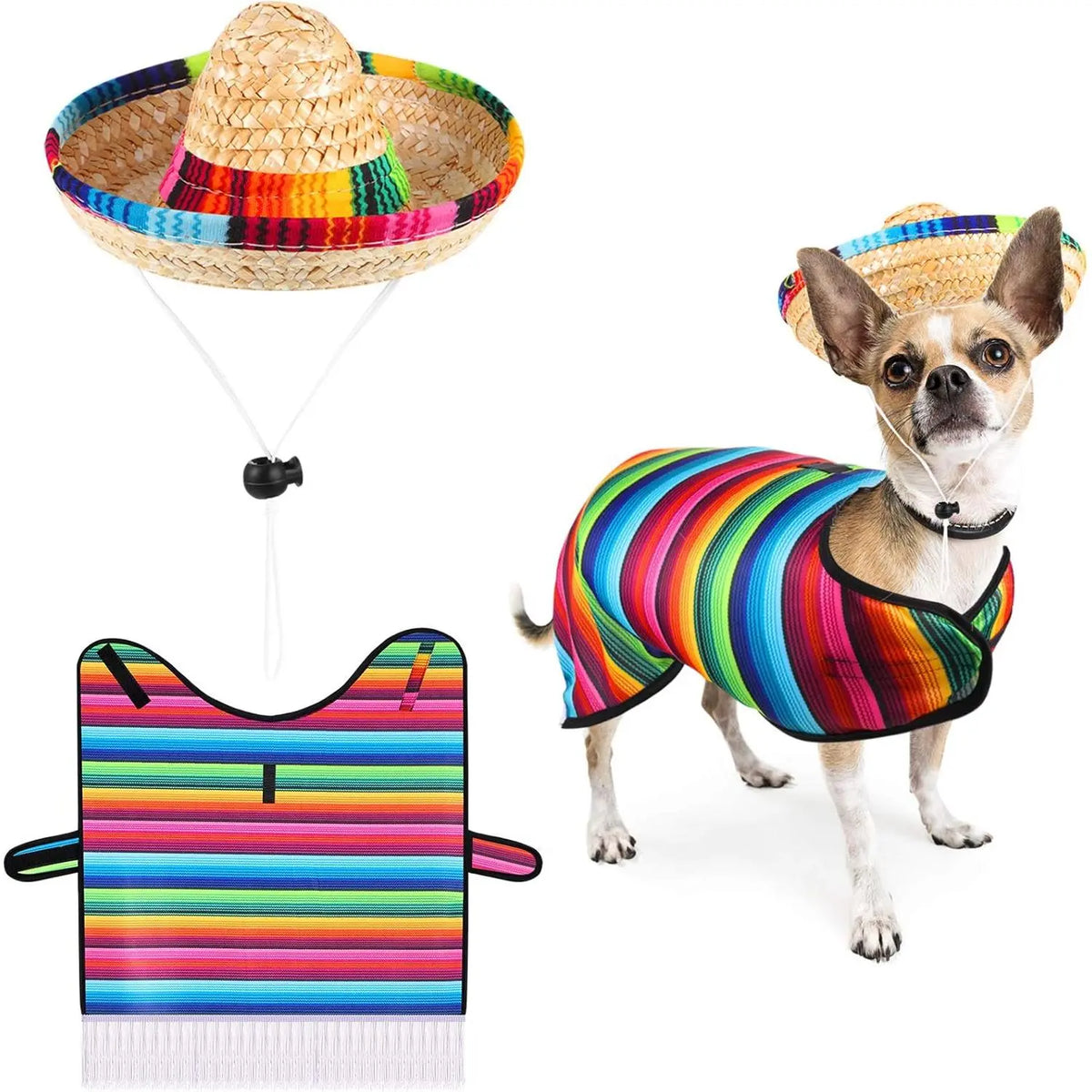 Small Dog 2-Piece Fiesta Costume Set - Rainbow Fabric Adjustable Buckle Serape Poncho, 3-in Height Mexican Straw Sombrero (1.5-in Head Space Diameter, 3-in Brim Diameter), Lightweight for Chihuahua, Birthday Pet Supplies, Full of Happy Fiesta Atmosphere