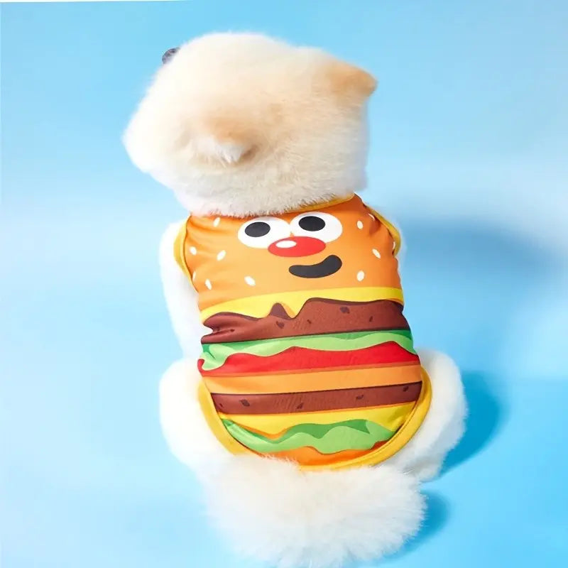 Pet Dog Cat Cartoon Burger Pattern Harness Strap + Breathable Cooling Vest Set, Husky Clothes Ideal for Cats and Dogs, Comfortable Pet Gear