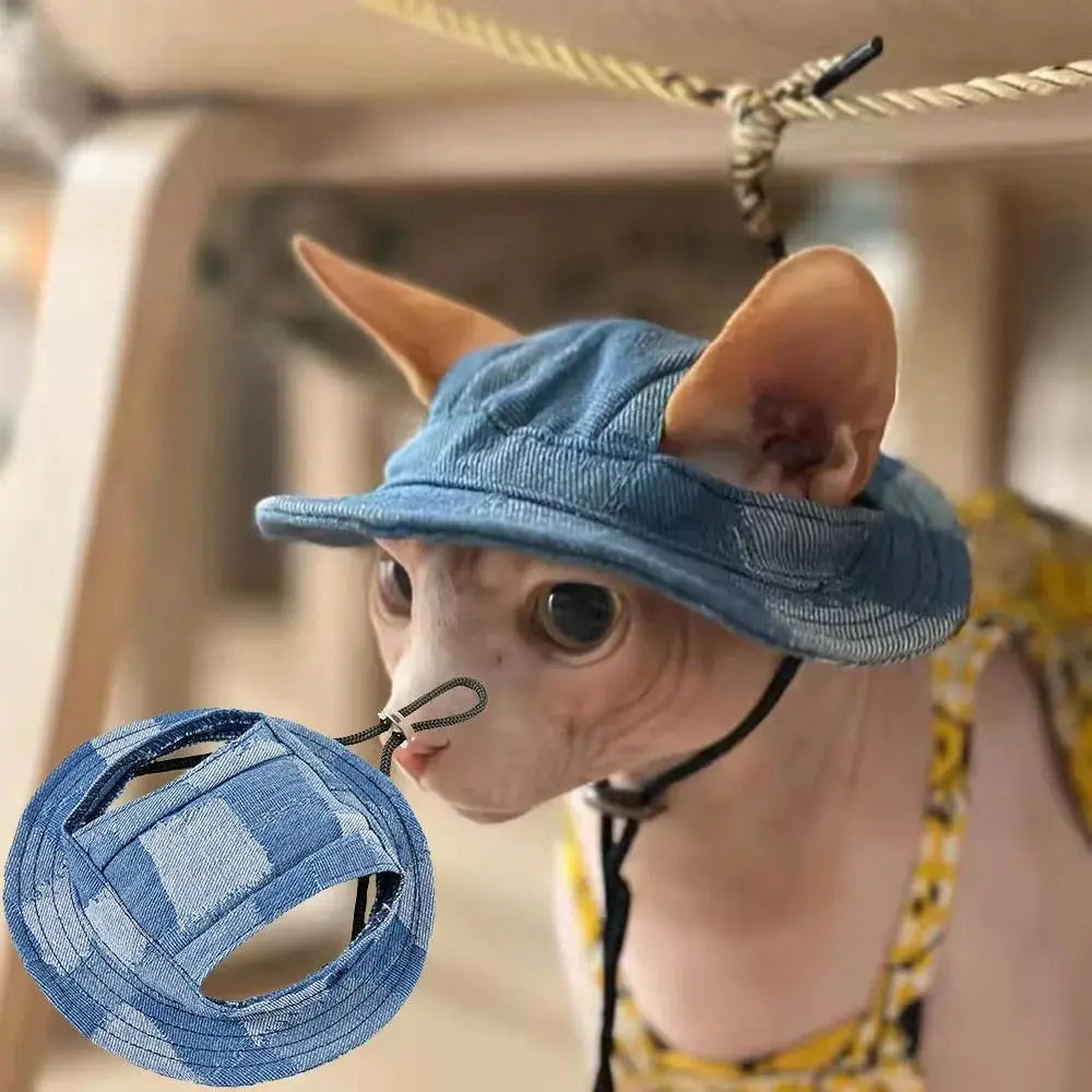 Dog & Cat Denim Cowboy Hat - Adjustable Tie-Dye Fleece, Ear Holes, Sun Protection Accessories for Sphynx Pets, S/M/L Sizes, Ideal for Travel & Hiking