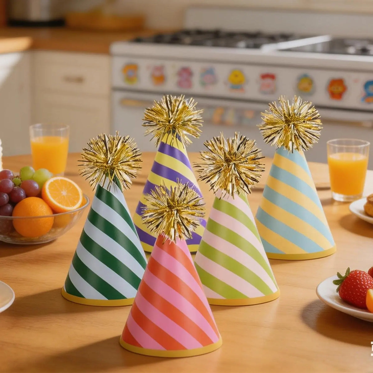 Whaline 24-Pcs Striped Paper Cone Party Hats Set, 4.3x7.5in with Gold Pom-Poms, Fun Decoration & Photo Prop for Kids/Adults, Birthday Festive Supplies