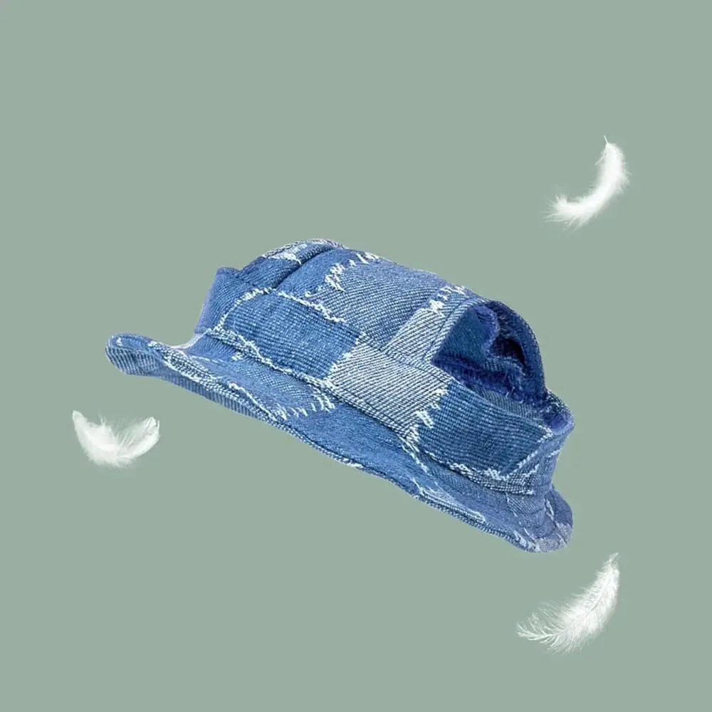 Dog & Cat Denim Cowboy Hat - Adjustable Tie-Dye Fleece, Ear Holes, Sun Protection Accessories for Sphynx Pets, S/M/L Sizes, Ideal for Travel & Hiking