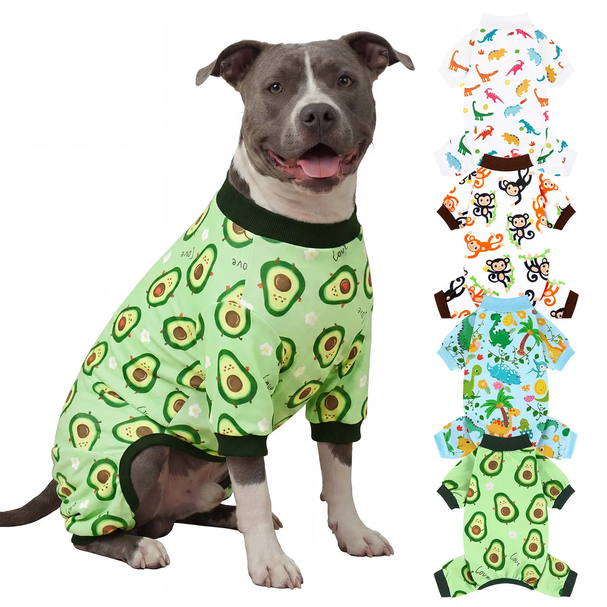 XPUDAC 4-Pack Breathable Fabric Dog & Cat Costume, Soft Universal-Fit Sleepwear with Playful Fruit & Monkey Dinosaur Prints, Skin-Safe Animals Apparel with Elastic Legs & Pull-On Ease for Summer,Festive Christmas Halloween Gift,sohochic