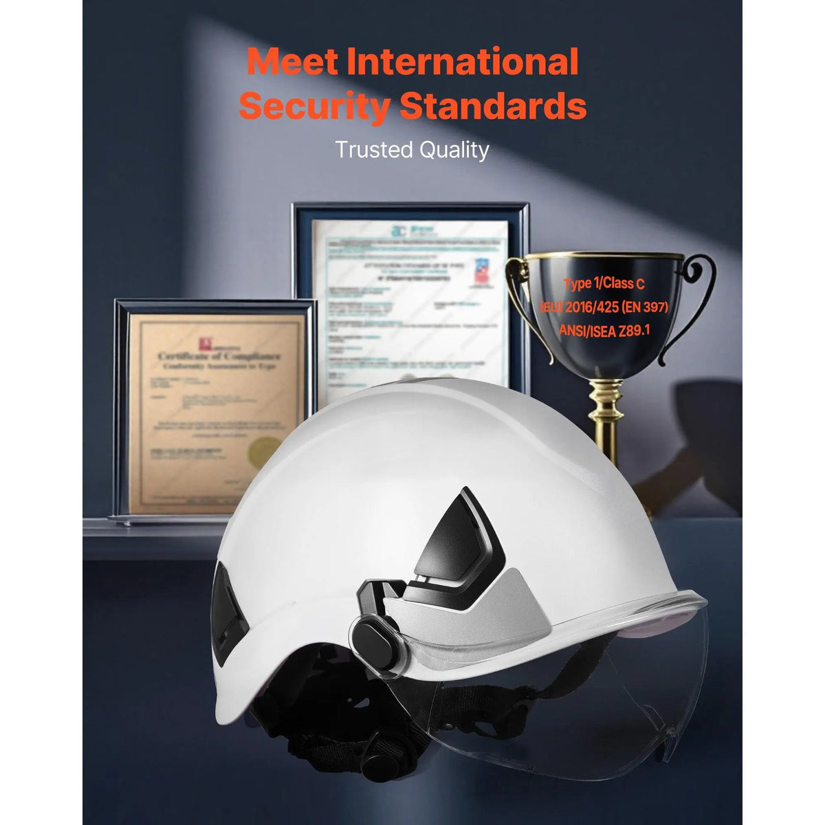 VEVOR Dog Pet Safety Helmet, ANSI/ISEA Z89.1 Approved ABS Industrial Hard Hat with Full Brim, Visor, 6-Point Ratchet Suspension, Chin Strap, Reflective Strips, Adjustable Vents, Quick-Dry Pad, 1.32 lbs, 20.87-25.2 in Fit for Construction, Forestry,sohochi