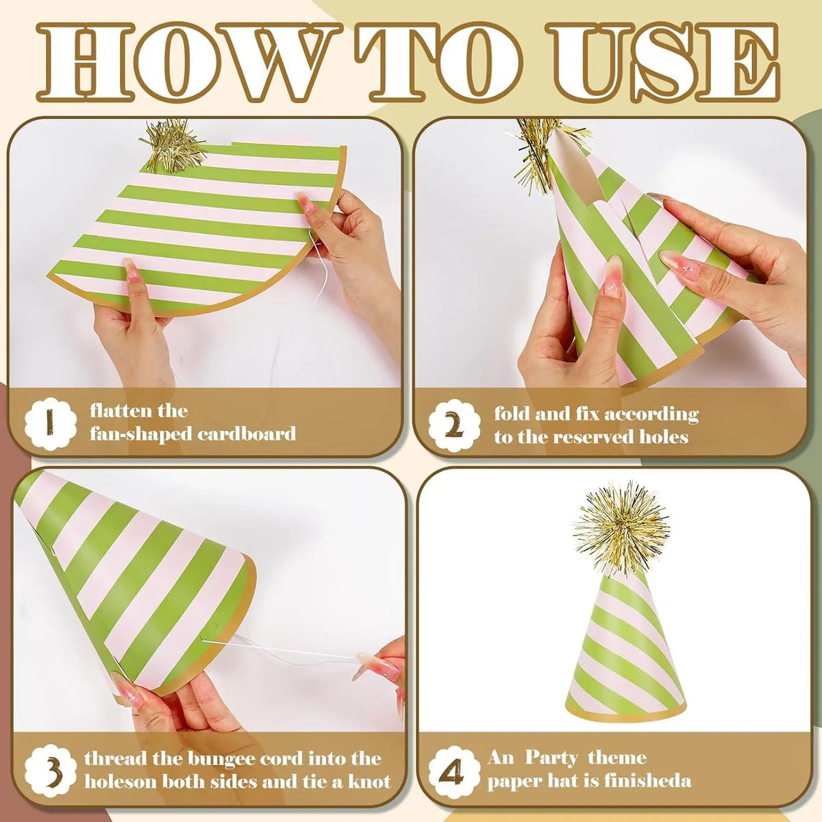 Whaline 24-Pcs Striped Paper Cone Party Hats Set, 4.3x7.5in with Gold Pom-Poms, Fun Decoration & Photo Prop for Kids/Adults, Birthday Festive Supplies