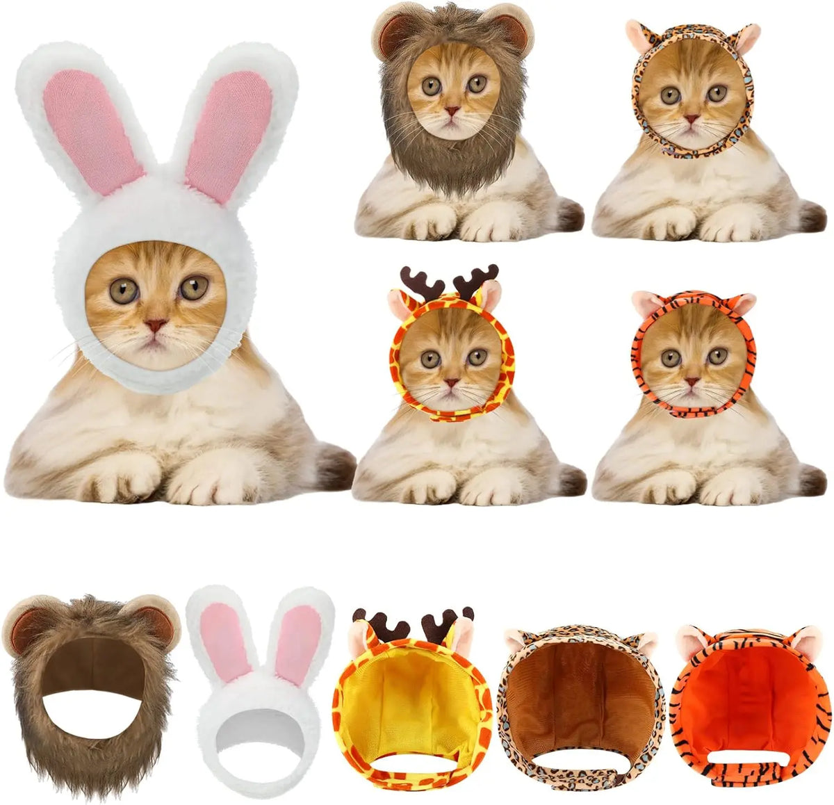 5 Pcs Cat Adorable Costume Bunny Hat with Ears Funny Mane Cat Hat for Pets and Small Dogs Kitten Puppy Party Costume Accessory Headwear(Avocado, Orange, Strawberry, Pineapple, Frog)