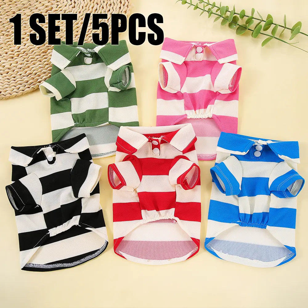 Dog & Cat Stripe Cotton Polo Shirts - 5-Pcs Bulk Pack, Summer Sporty Pet Clothing for Small-Large Pets (Chihuahua, Husky), S Size, with Outfit Inspiration, Outfit Inspiration Feature