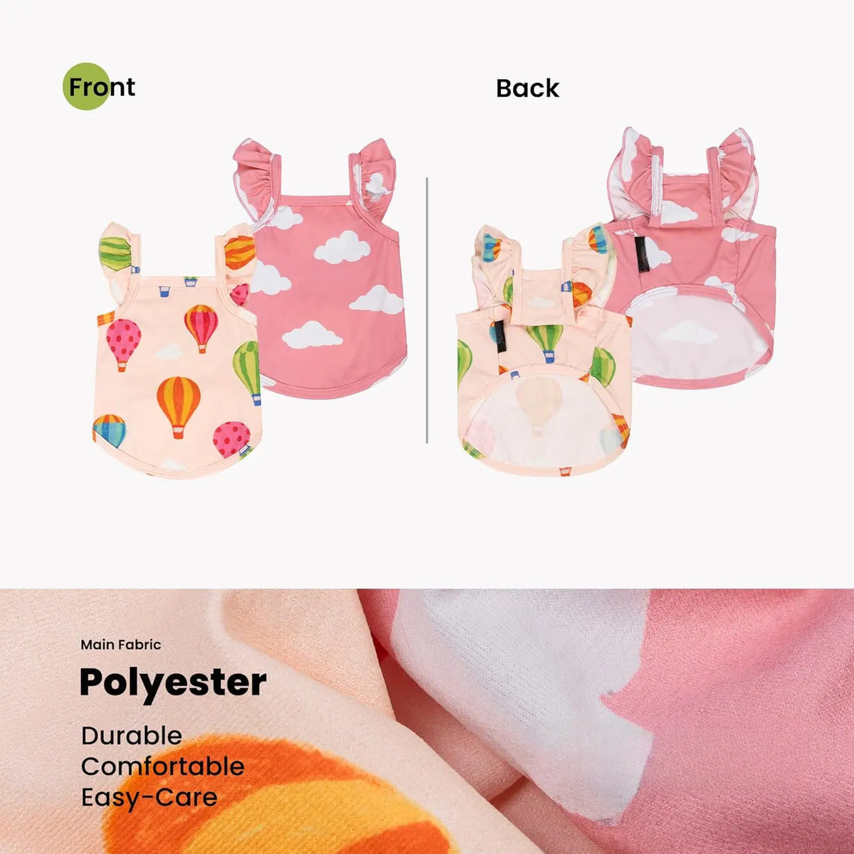 Sweet Summer Ruffle Dog Shirt – 2 Pack Hot Air Balloon & Cloud Print, Hawaiian Outfit for Small Girl Dogs, Cute Beige & Pink Pet Clothes, XXL