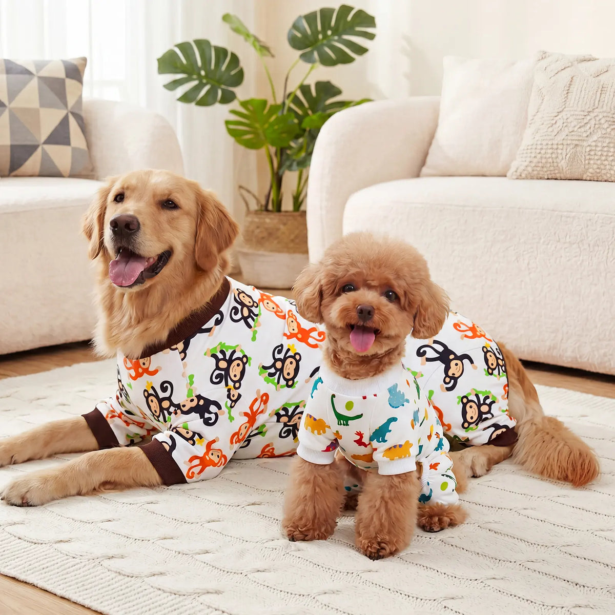 XPUDAC 4-Pack Breathable Fabric Dog & Cat Costume, Soft Universal-Fit Sleepwear with Playful Fruit & Monkey Dinosaur Prints, Skin-Safe Animals Apparel with Elastic Legs & Pull-On Ease for Summer,Festive Christmas Halloween Gift,sohochic