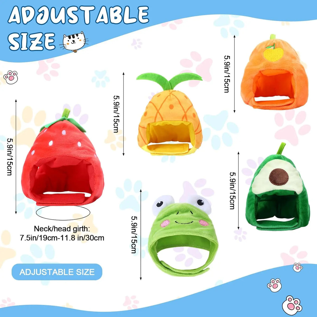 5 Pcs Cat Adorable Costume Bunny Hat with Ears Funny Mane Cat Hat for Pets and Small Dogs Kitten Puppy Party Costume Accessory Headwear(Avocado, Orange, Strawberry, Pineapple, Frog)